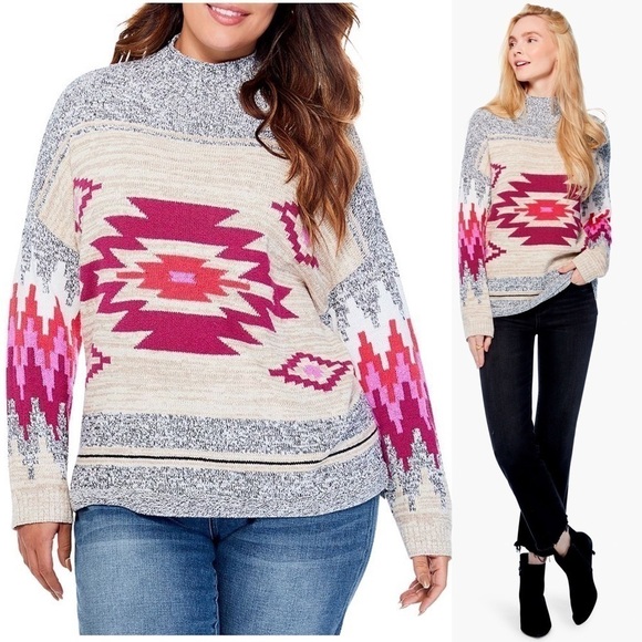 NWT NIC + ZOE Aztec Southwestern Striped Knit Mock Turtleneck Pullover Sweater M - Picture 9 of 13